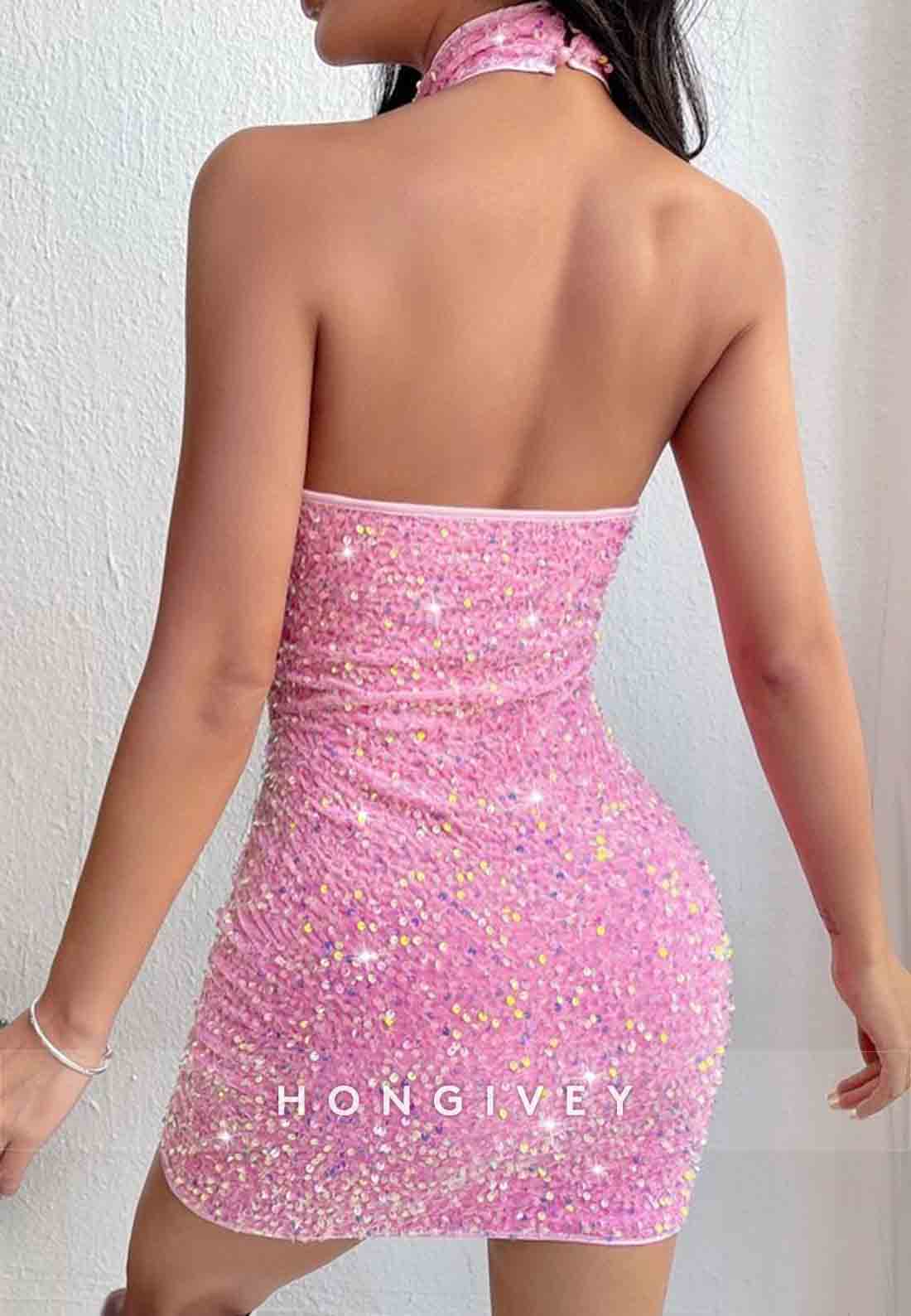 Pink Halter Sequined Sleeveless Bodycon Sheath Mini Homecoming Dress