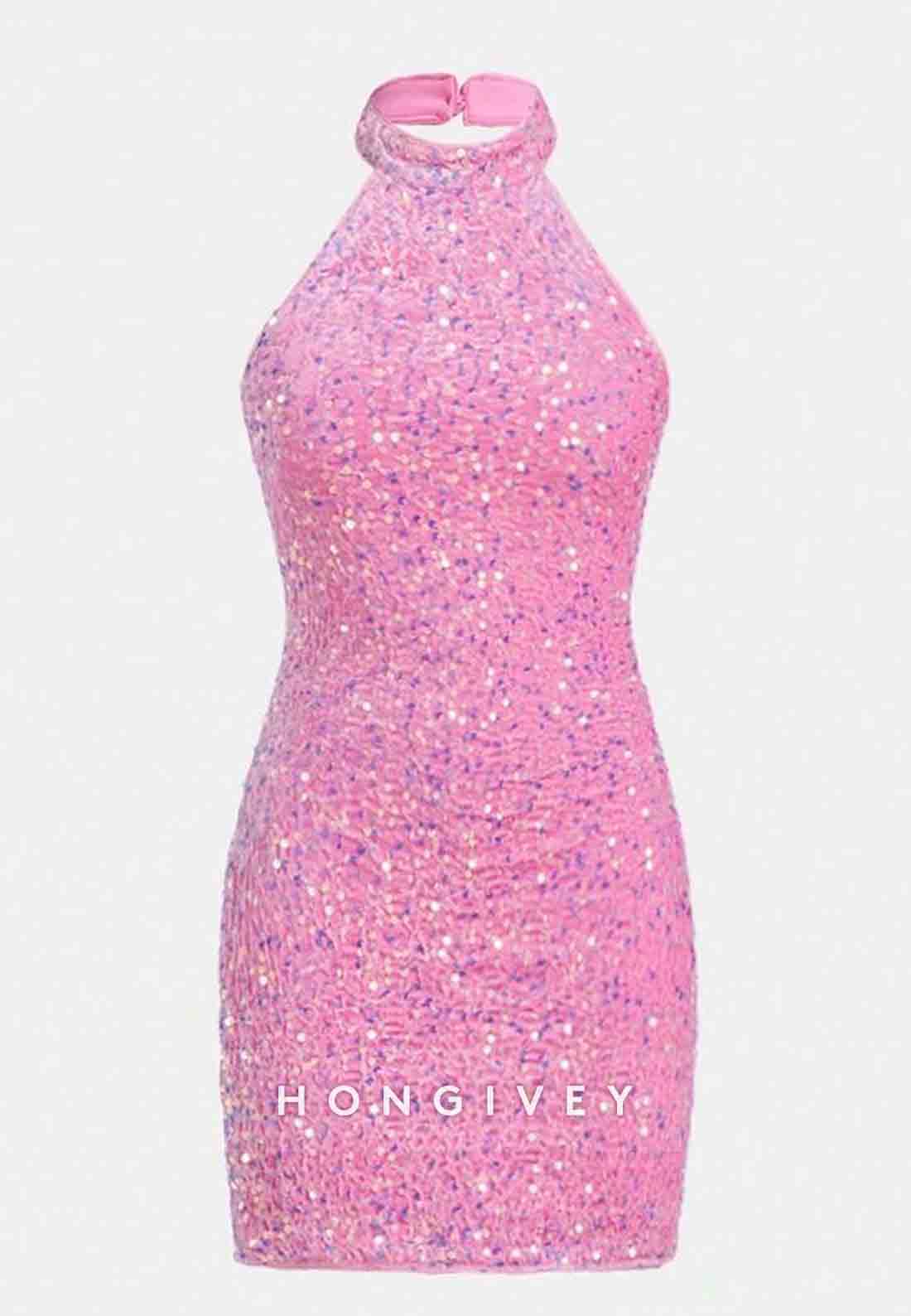 Pink Halter Sequined Sleeveless Bodycon Sheath Mini Homecoming Dress