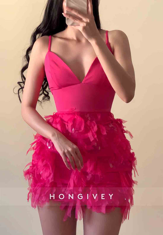 Spaghetti Straps Sheath Low V-Neck Sleeveless Mini Homecoming Dresses