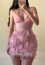 Spaghetti Straps Sheath Low V-Neck Sleeveless Mini Homecoming Dresses