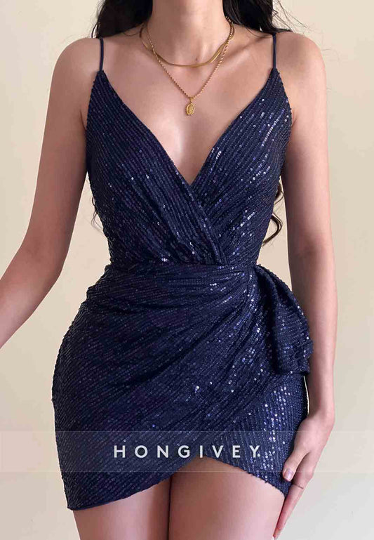 Low V-Neck Sequined Sleeveless Spaghetti Straps Sheath Mini Homecoming Dresses