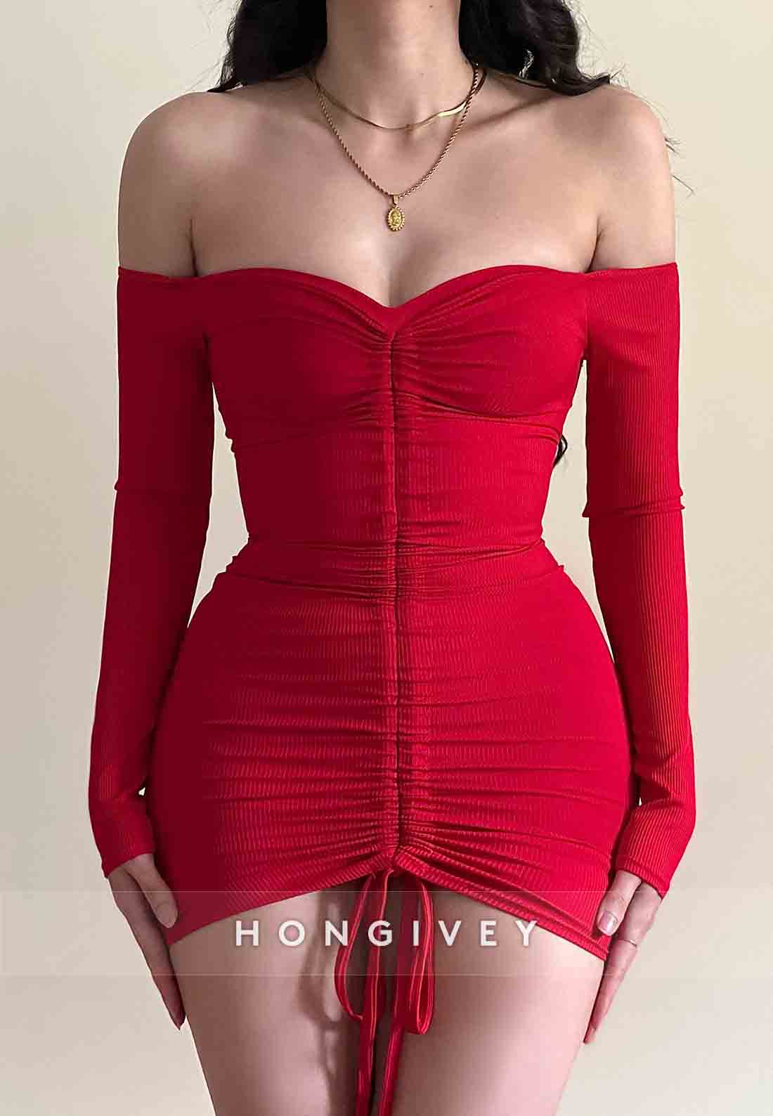 Long Sleeves Red Sheath Off the Shoulder Mini Homecoming Dresses with Ruffles