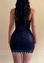 Low V-Neck Sequined Sleeveless Spaghetti Straps Sheath Mini Homecoming Dresses