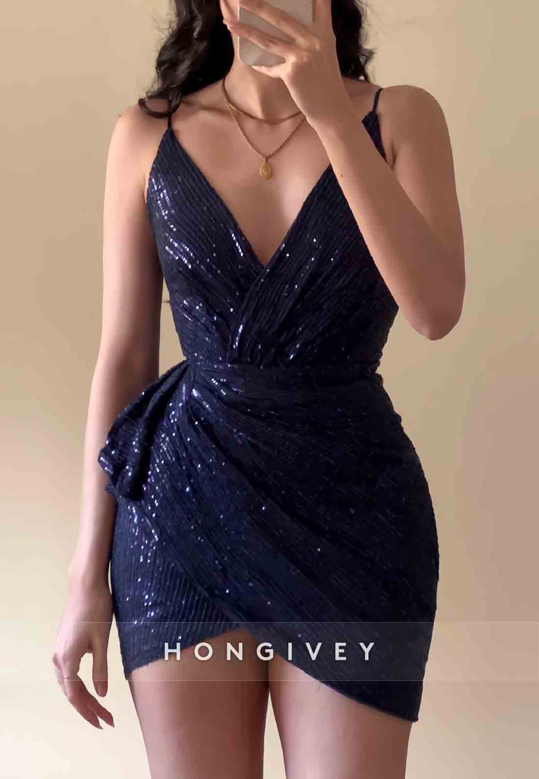 Low V-Neck Sequined Sleeveless Spaghetti Straps Sheath Mini Homecoming Dresses
