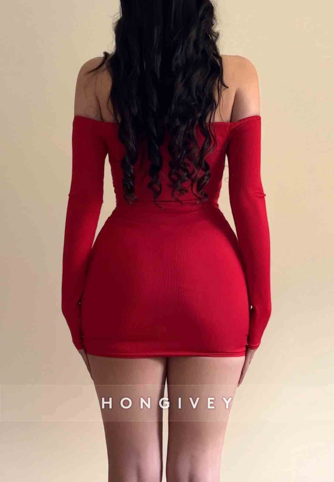 Long Sleeves Red Sheath Off the Shoulder Mini Homecoming Dresses with Ruffles