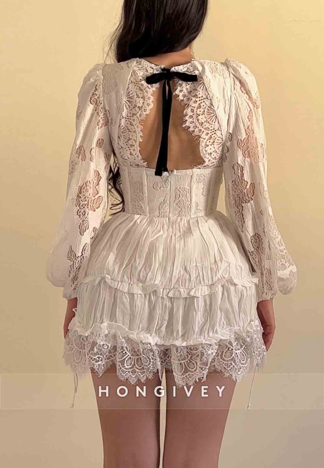 Long Sleeves Back Hole Low V-Neck A-Line Short Homecoming Dresses with Bowknot