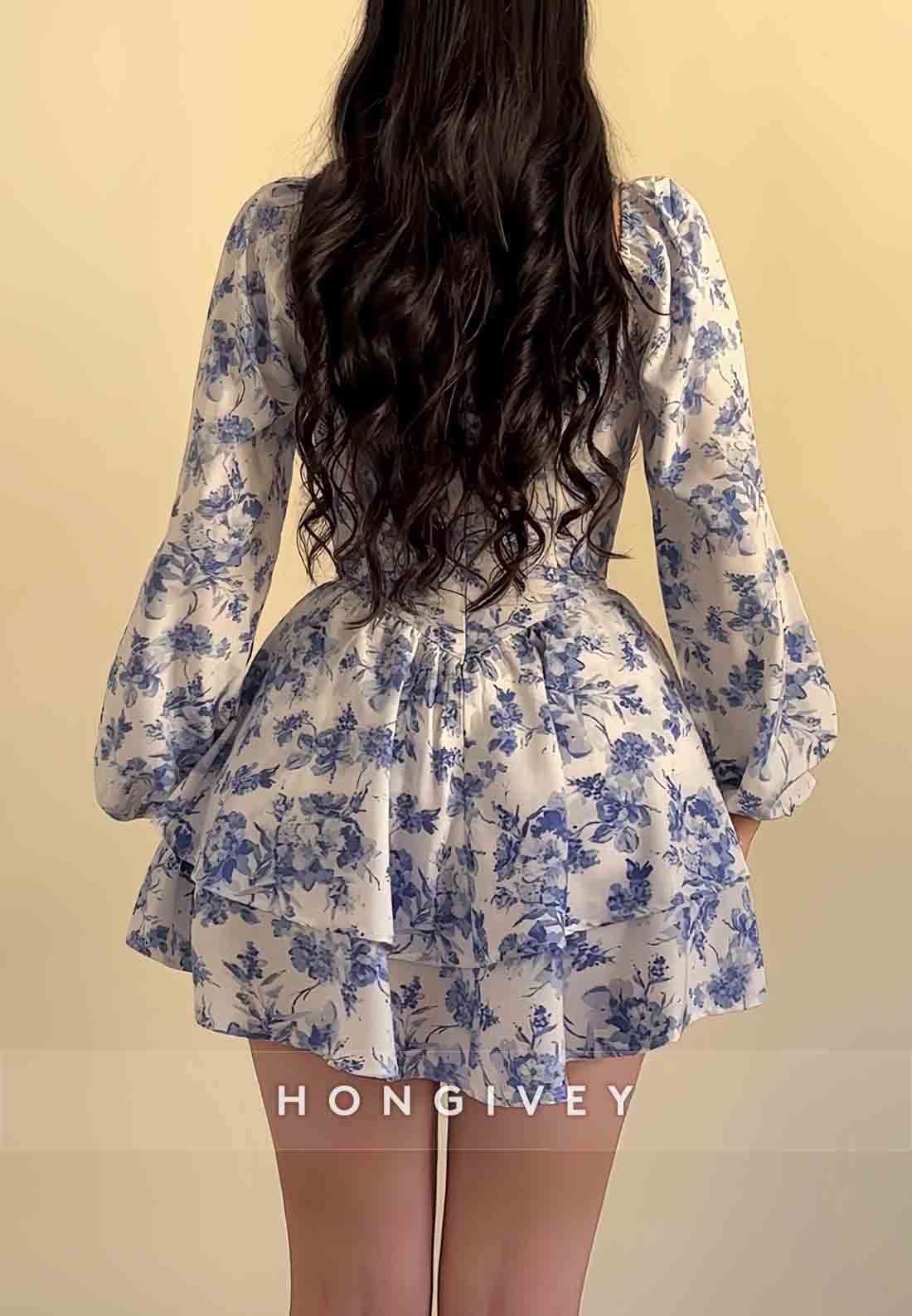 Long Sleeves A-Line Empire Floral Print Pleated Mini Homecoming Dresses