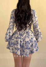 Long Sleeves A-Line Empire Floral Print Pleated Mini Homecoming Dresses
