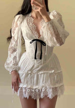 Long Sleeves Back Hole Low V-Neck A-Line Short Homecoming Dresses with Bowknot