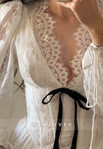 Long Sleeves Back Hole Low V-Neck A-Line Short Homecoming Dresses with Bowknot