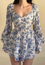 Long Sleeves A-Line Empire Floral Print Pleated Mini Homecoming Dresses
