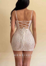 Spaghetti Straps Sequined Low V-Neck Tie Back Sheath Mini Homecoming Dresses