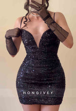 Spaghetti Straps Sequined Low V-Neck Tie Back Sheath Mini Homecoming Dresses