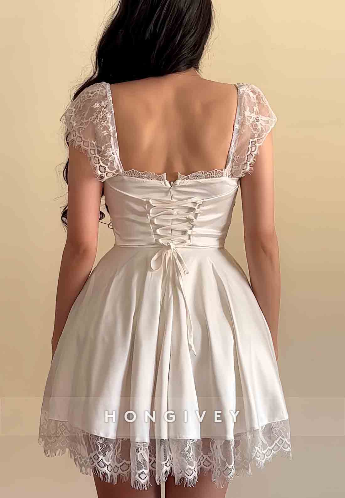 Cap Sleeves Satin A-Line Square Neck Lace Trim Short Homecoming Dresses
