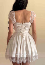 Cap Sleeves Satin A-Line Square Neck Lace Trim Short Homecoming Dresses