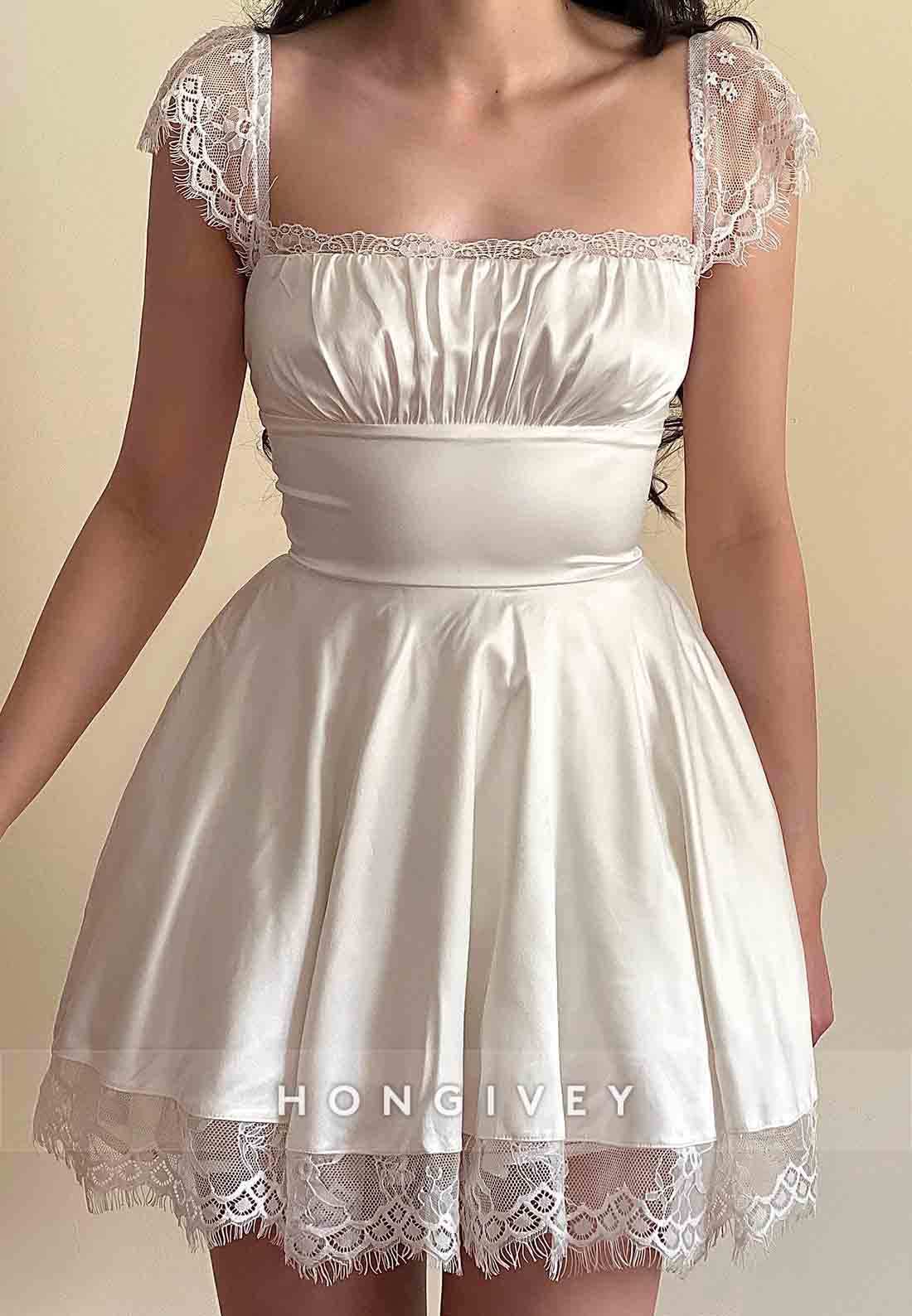 Cap Sleeves Satin A-Line Square Neck Lace Trim Short Homecoming Dresses