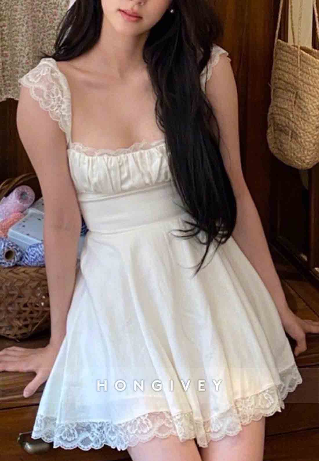 Cap Sleeves Satin A-Line Square Neck Lace Trim Short Homecoming Dresses