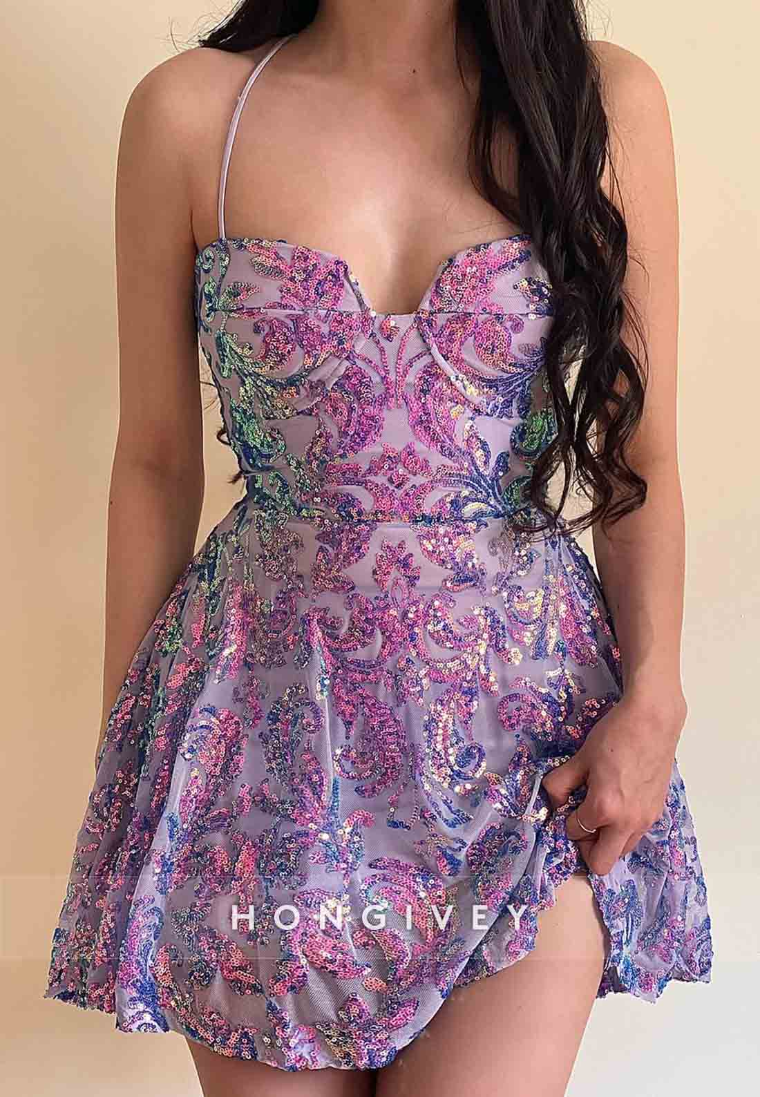 Halter Sweetheart Sleeveless Beading A-Line Crisscross Back Mini Homecoming Dresses
