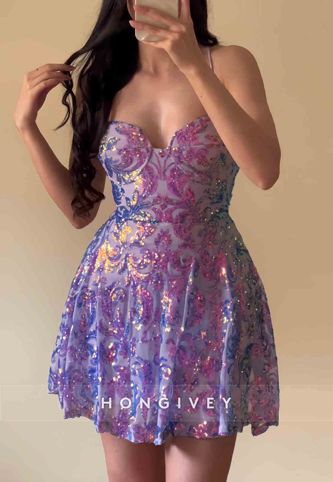 Halter Sweetheart Sleeveless Beading A-Line Crisscross Back Mini Homecoming Dresses