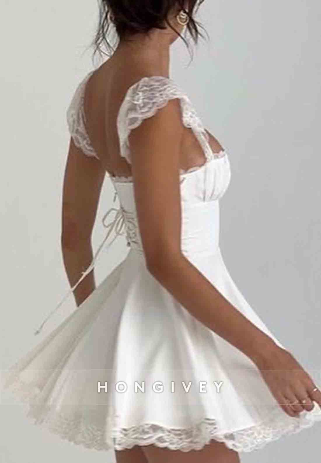 Cap Sleeves Satin A-Line Square Neck Lace Trim Short Homecoming Dresses