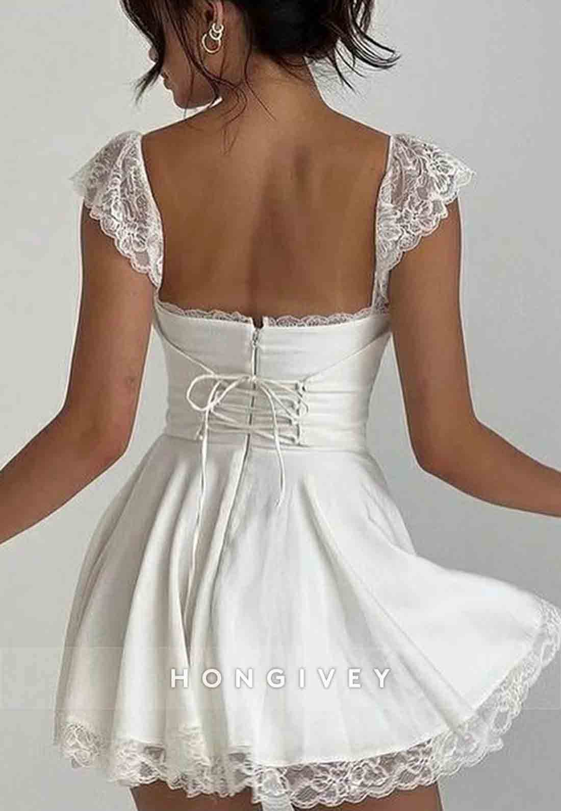 Cap Sleeves Satin A-Line Square Neck Lace Trim Short Homecoming Dresses