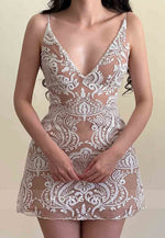 Low V-Neck Embroidery V Back Spaghetti Straps A-Line Sleeveless Mini Homecoming Dresses