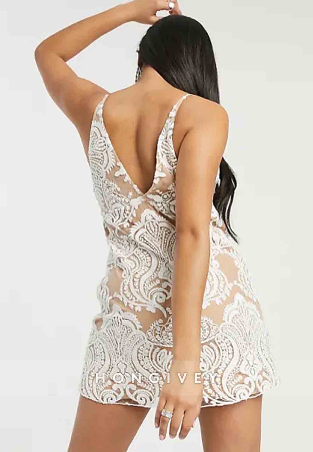 Low V-Neck Embroidery V Back Spaghetti Straps A-Line Sleeveless Mini Homecoming Dresses