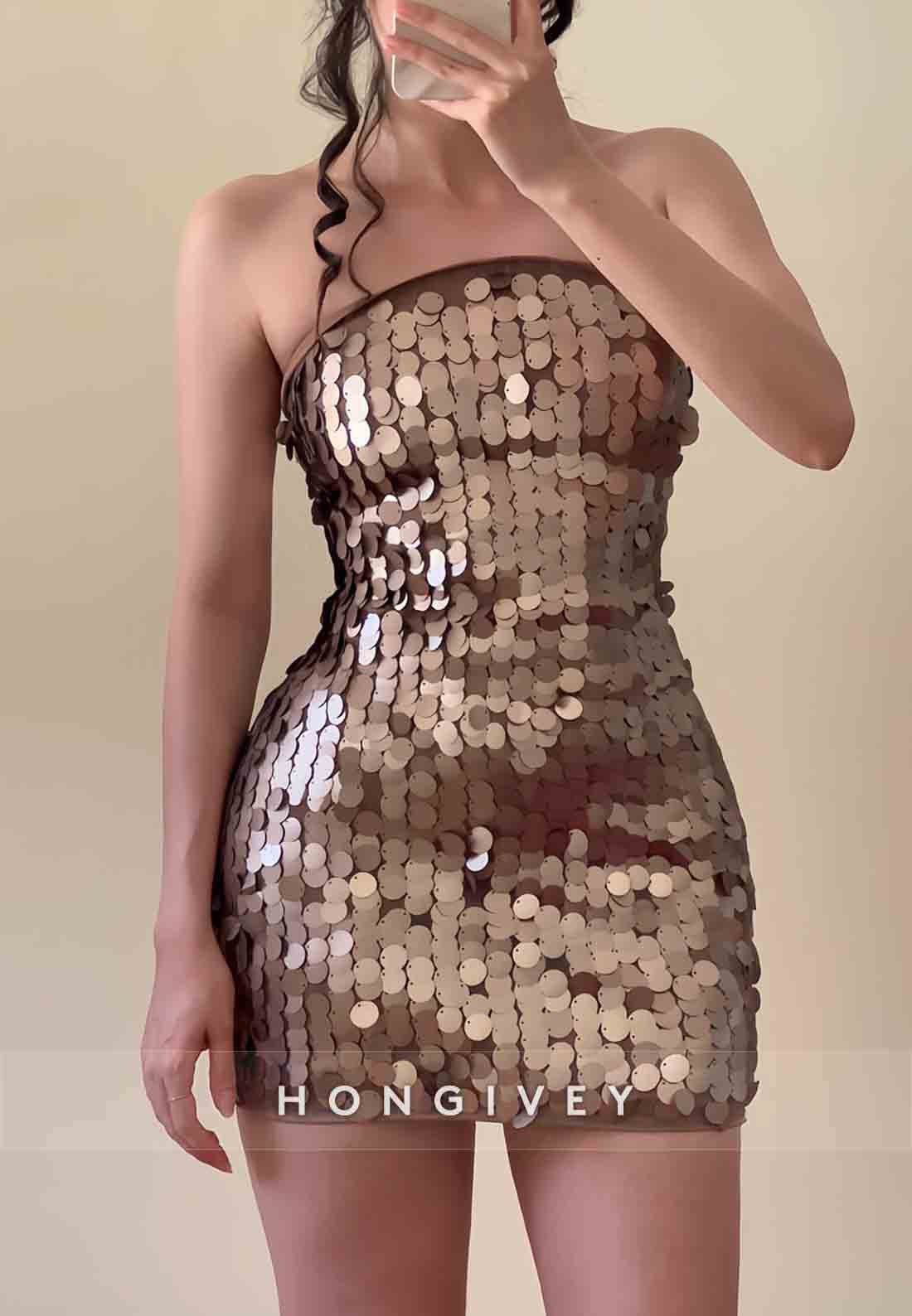 Champagne Sparkly Sequined Strapless Sheath Sleeveless Mini Homecoming Dresses