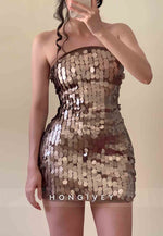 Champagne Sparkly Sequined Strapless Sheath Sleeveless Mini Homecoming Dresses
