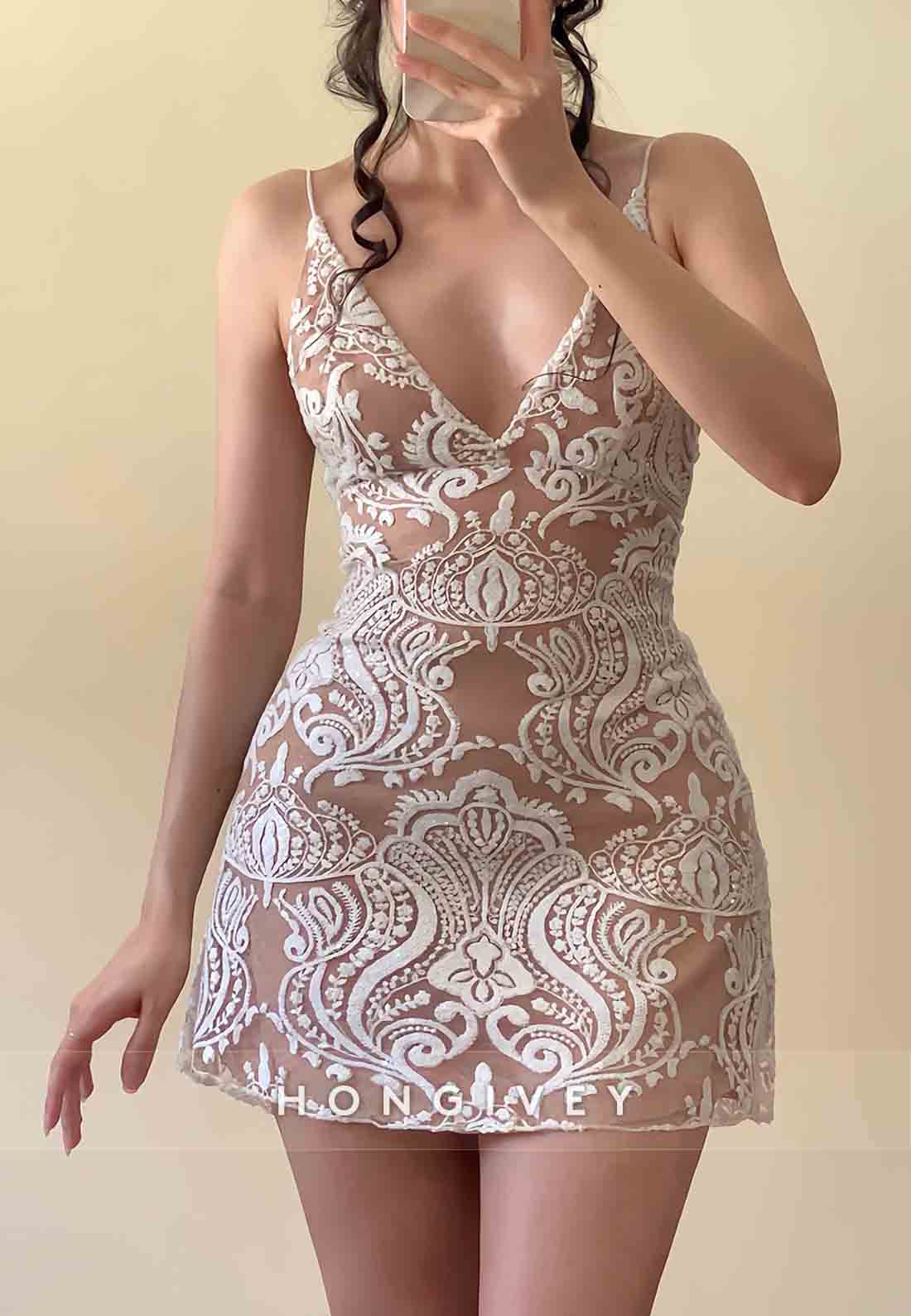 Low V-Neck Embroidery V Back Spaghetti Straps A-Line Sleeveless Mini Homecoming Dresses