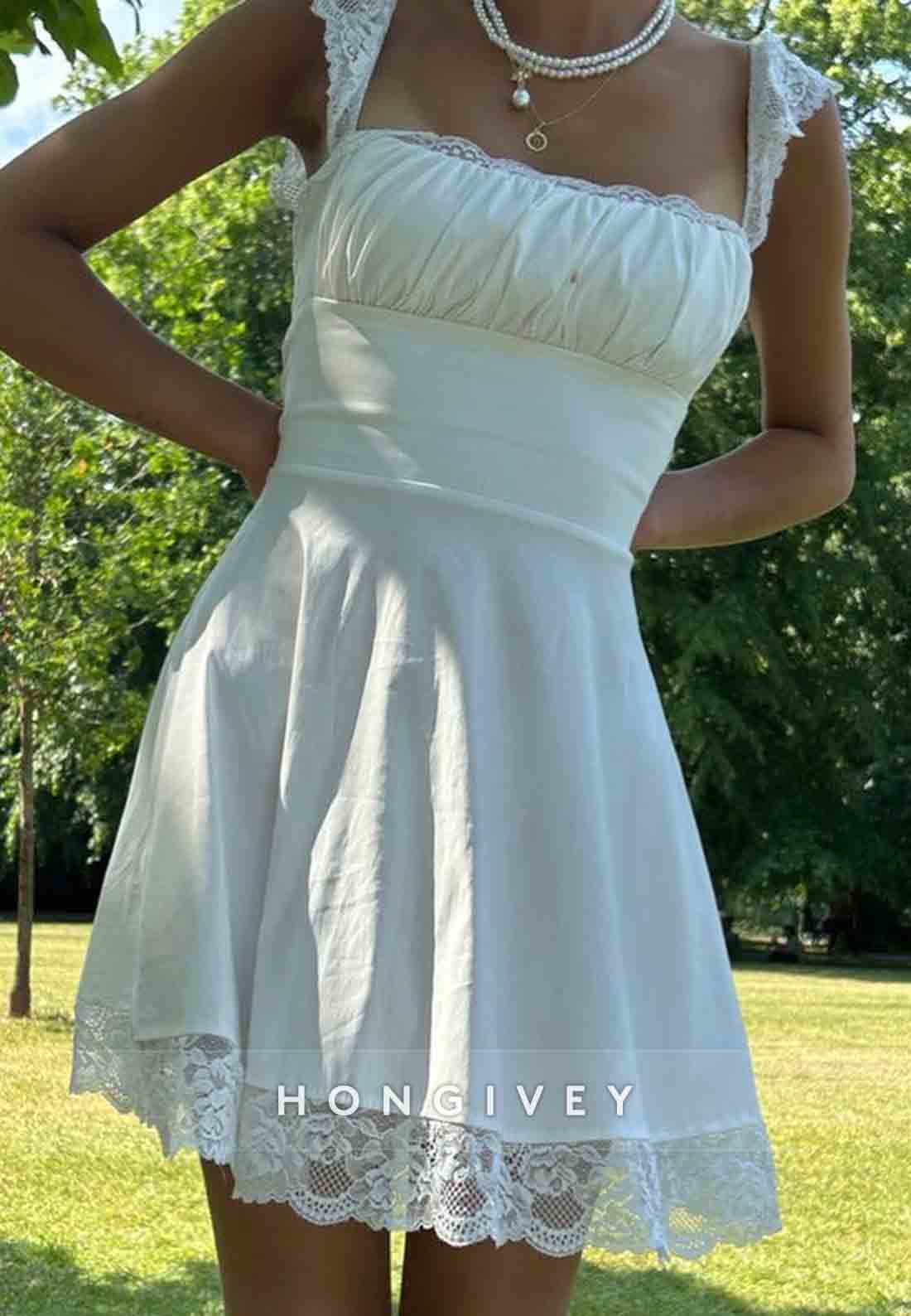 Cap Sleeves Satin A-Line Square Neck Lace Trim Short Homecoming Dresses