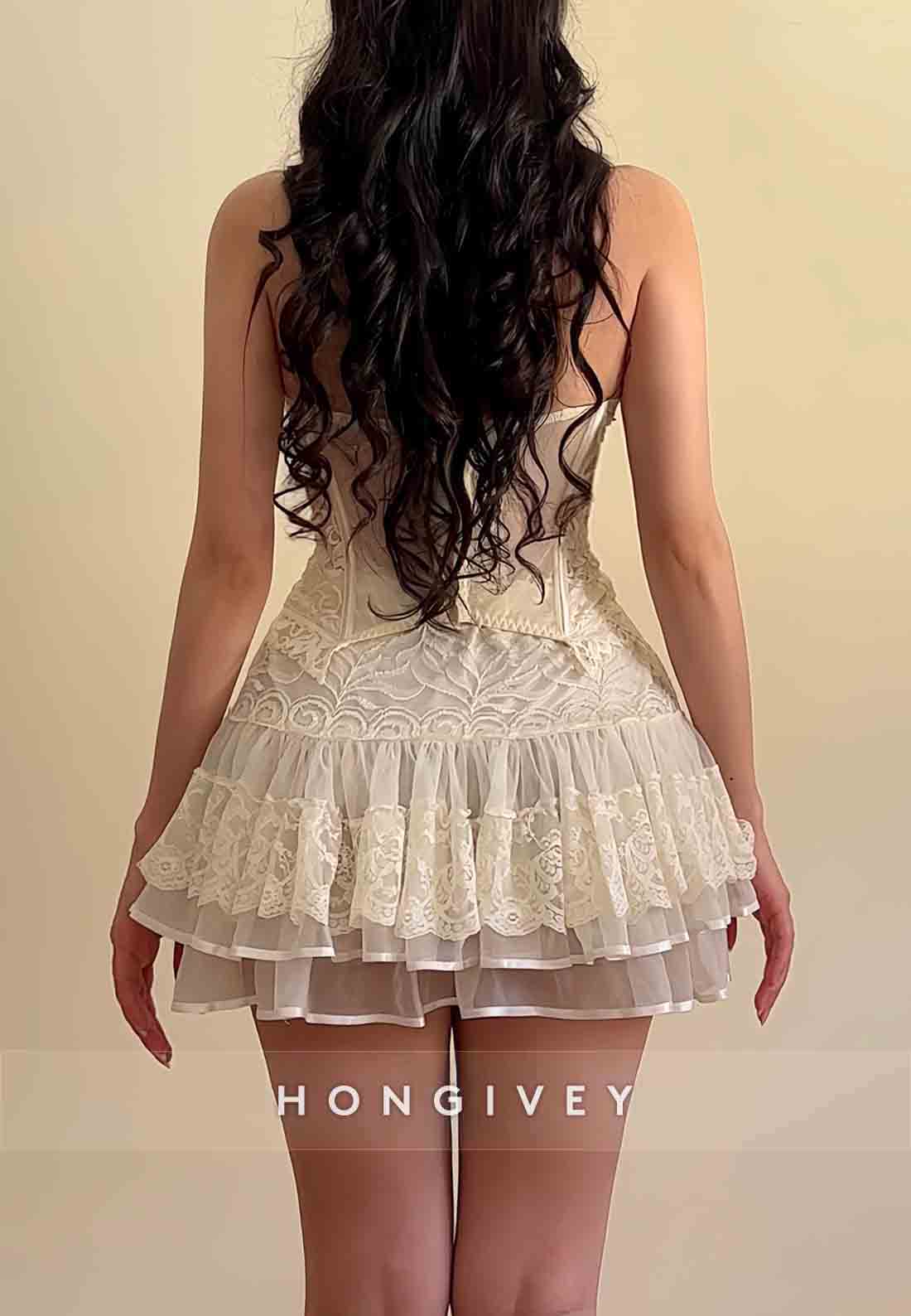 Strapless Sweetheart Lace A-Line Scalloped Neck Mini Homecoming Dresses with Corset