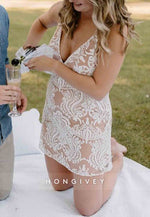 Low V-Neck Embroidery V Back Spaghetti Straps A-Line Sleeveless Mini Homecoming Dresses