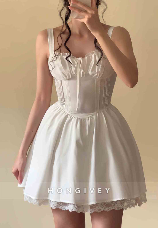 Regular Straps A-Line Tie Back Short Homecoming Dresses with Lace Trim