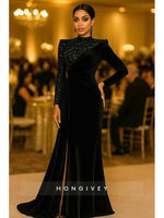 High Neck Mermaid Long Sleeve Evening Gown Side Slit