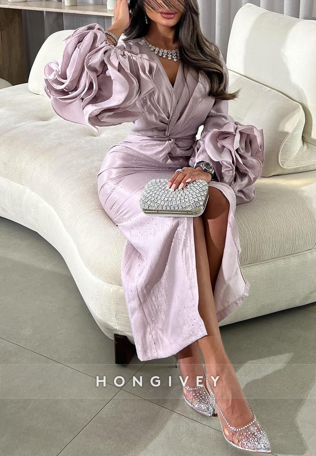 Sheath Ankle-Length Long Sleeves V-Neck Pleated Evening Gowns with Slit