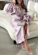 Sheath Ankle-Length Long Sleeves V-Neck Pleated Evening Gowns with Slit