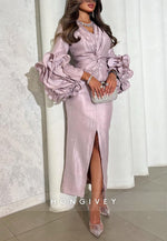 Sheath Ankle-Length Long Sleeves V-Neck Pleated Evening Gowns with Slit