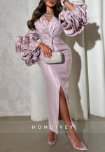 Sheath Ankle-Length Long Sleeves V-Neck Pleated Evening Gowns with Slit