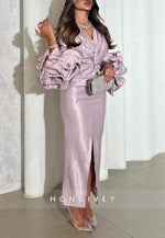 Sheath Ankle-Length Long Sleeves V-Neck Pleated Evening Gowns with Slit