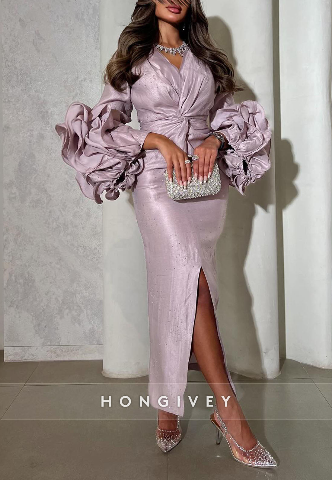 Sheath Ankle-Length Long Sleeves V-Neck Pleated Evening Gowns with Slit