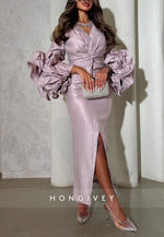 Sheath Ankle-Length Long Sleeves V-Neck Pleated Evening Gowns with Slit