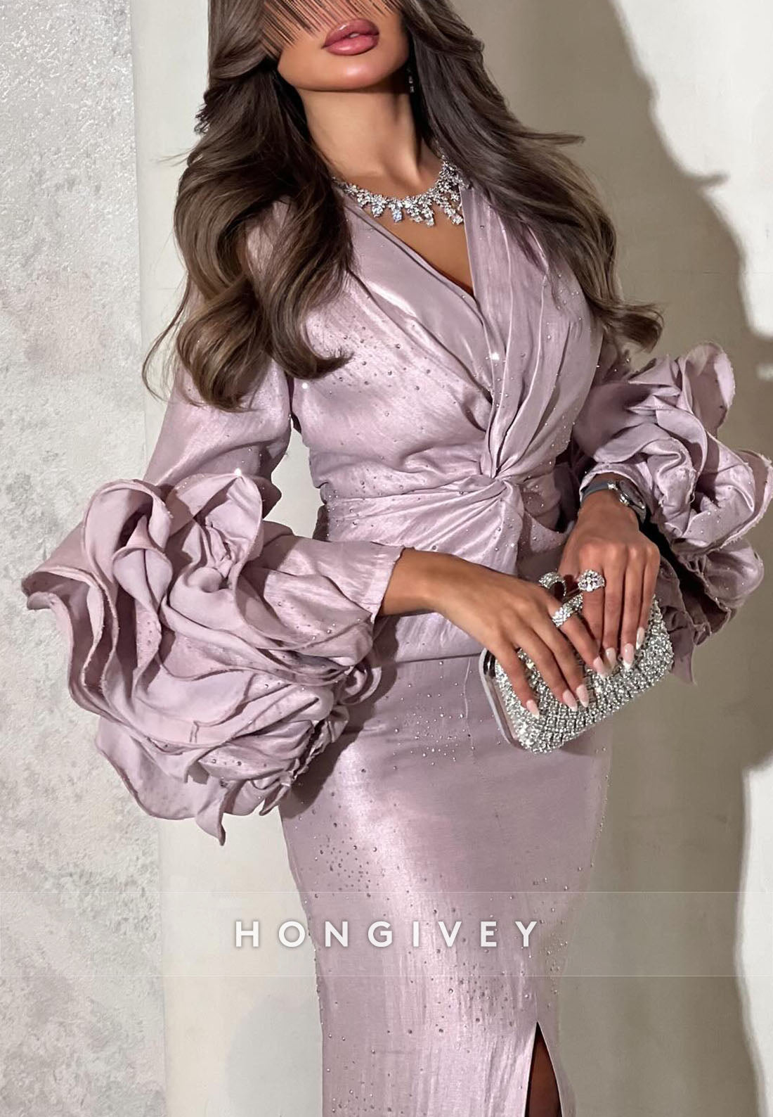 Sheath Ankle-Length Long Sleeves V-Neck Pleated Evening Gowns with Slit