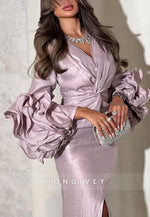 Sheath Ankle-Length Long Sleeves V-Neck Pleated Evening Gowns with Slit