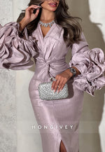 Sheath Ankle-Length Long Sleeves V-Neck Pleated Evening Gowns with Slit