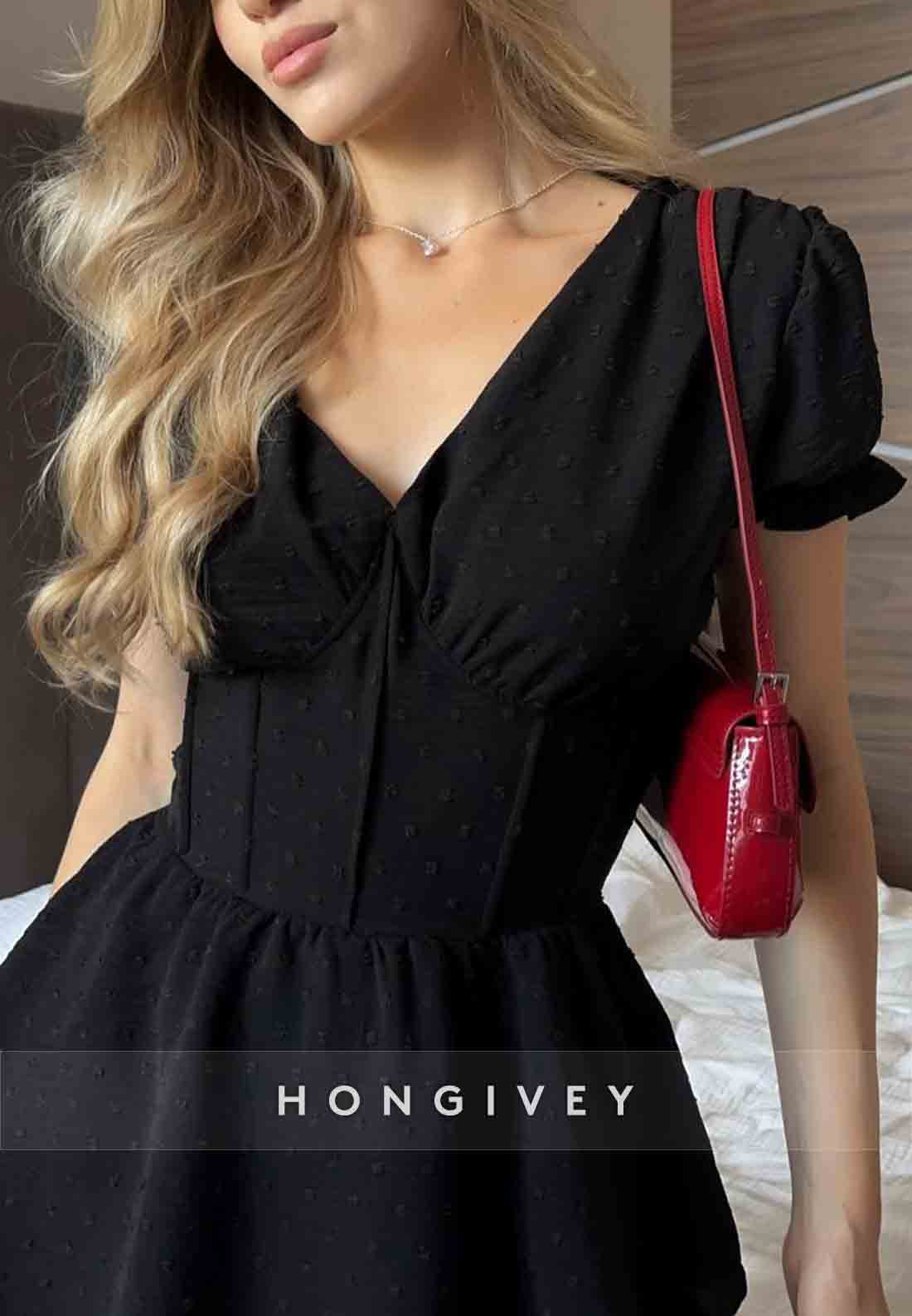 V-Neck Pleated A-Line Asymmetrical Short Sleeves Homecoming Dress