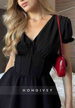 V-Neck Pleated A-Line Asymmetrical Short Sleeves Homecoming Dress