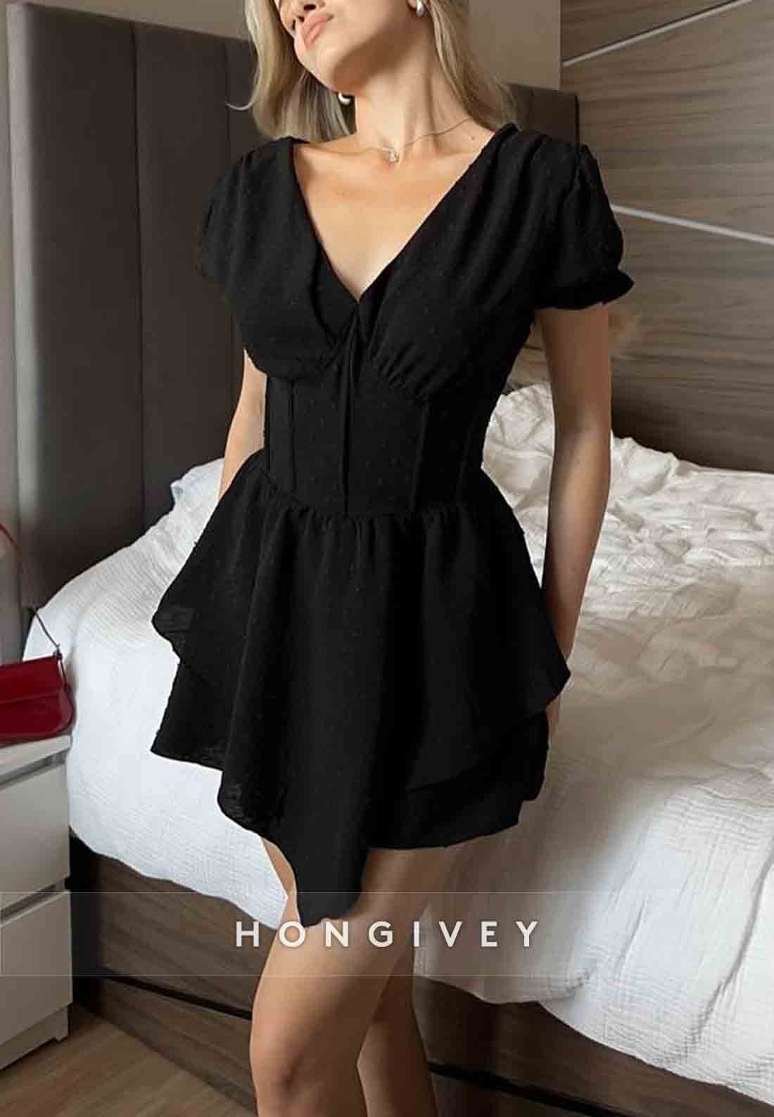 V-Neck Pleated A-Line Asymmetrical Short Sleeves Homecoming Dress