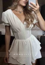 V-Neck Pleated A-Line Asymmetrical Short Sleeves Homecoming Dress