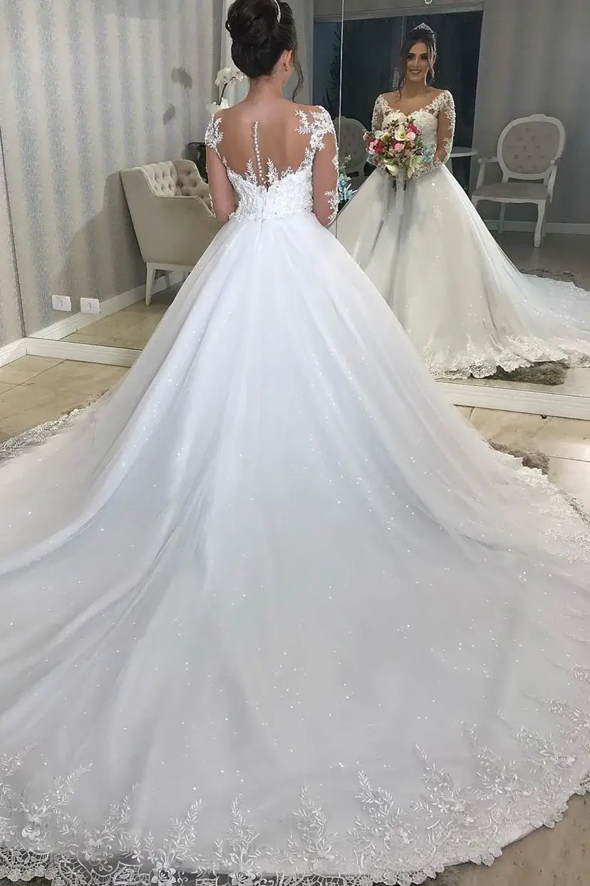 Long Sleeves Ball Gown V-Neck Lace Wedding Dress Princess